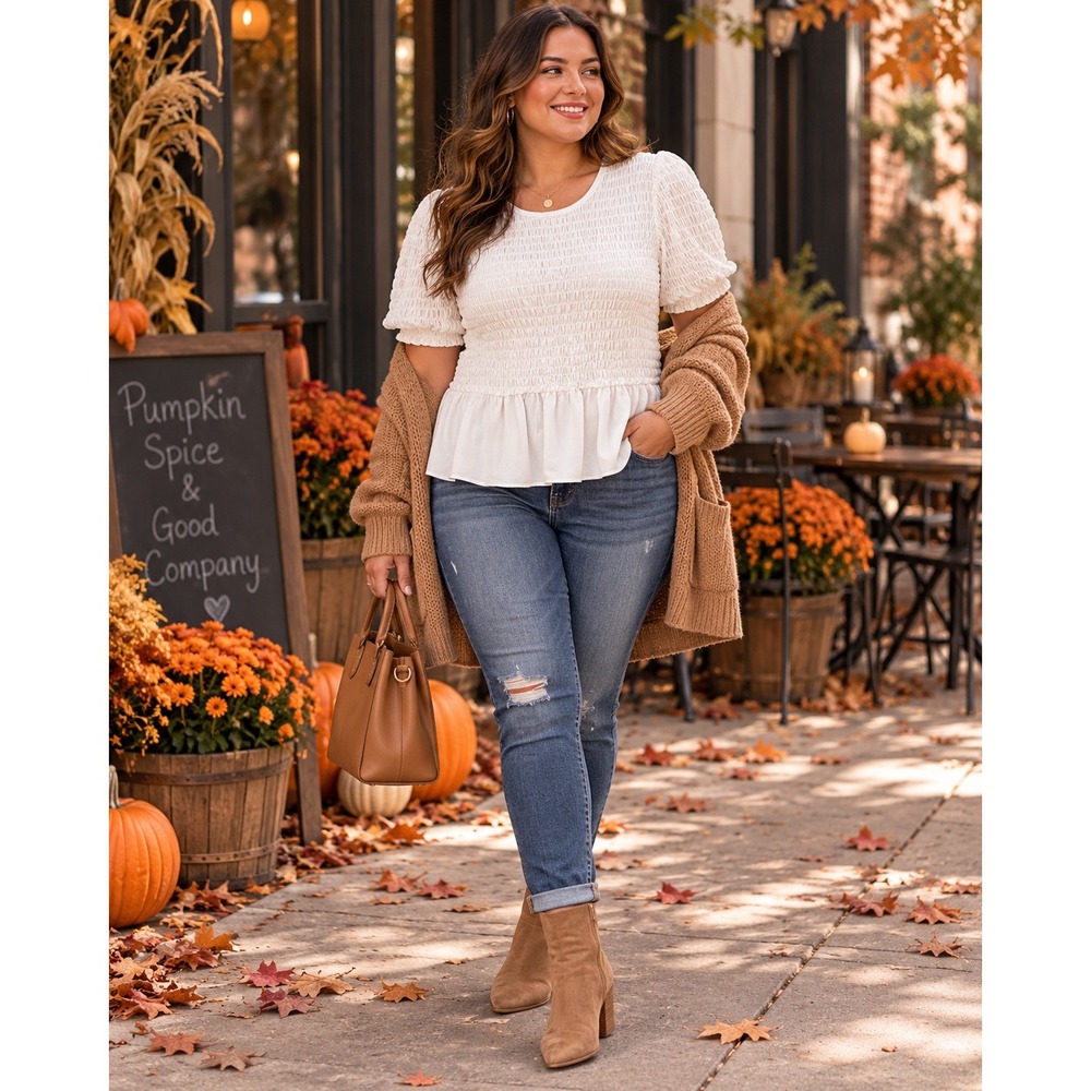 Women Large Ivory Smocked Peplum Blouse Romantic Coquette Office Chic Top Ruffle
